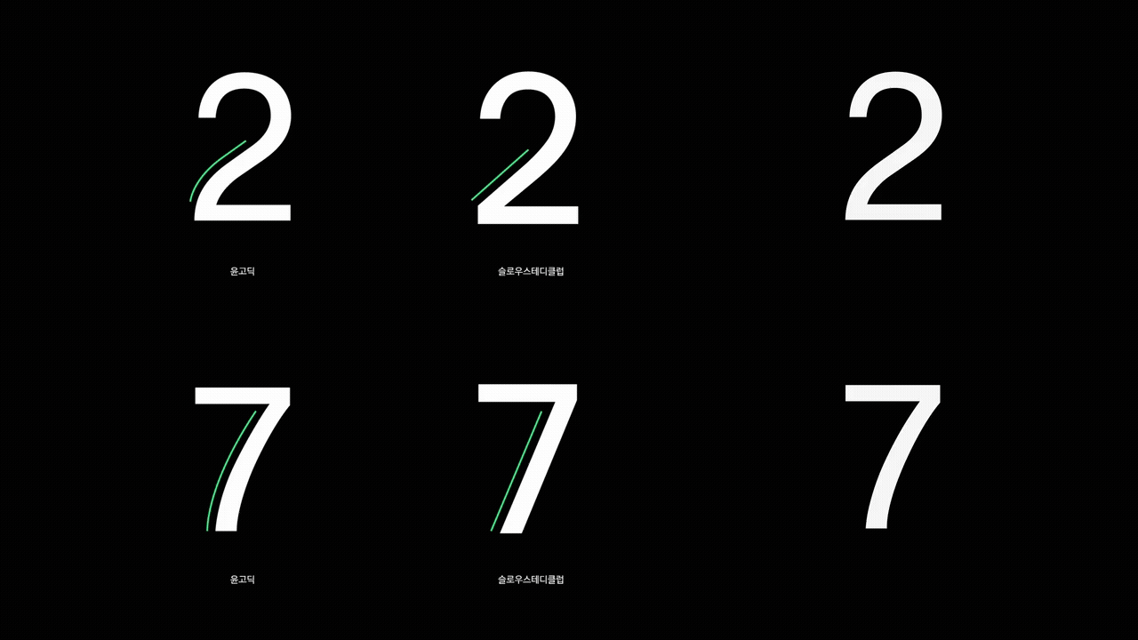 동영상 2 2, 7, 숫자비교, 윤디자인, 폰트, 윤고딕, 슬로우스테디클럽, 고딕, 산세리프, 본문용, 제목용